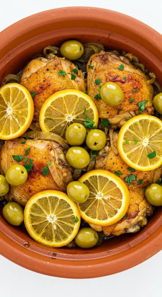 Tajine de poulet cuit à la perfection, agrémenté de rondelles de citron confit, d'olives vertes et de persil frais haché, le tout dans un plat traditionnel en terre cuite