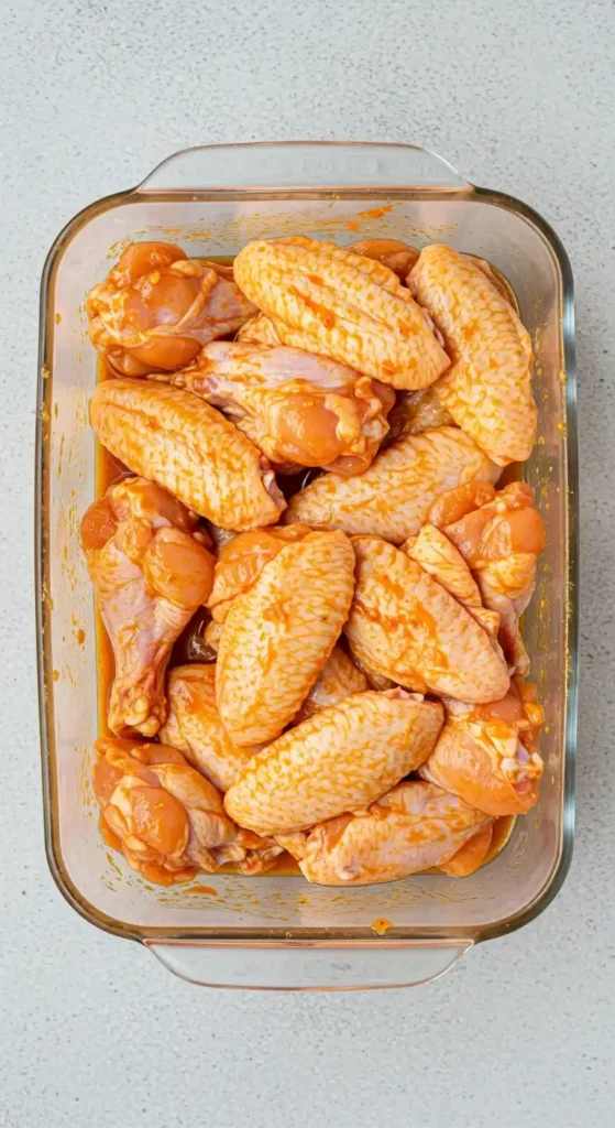 Ailes de poulet crues dans un plat en verre, recouvertes de marinade.