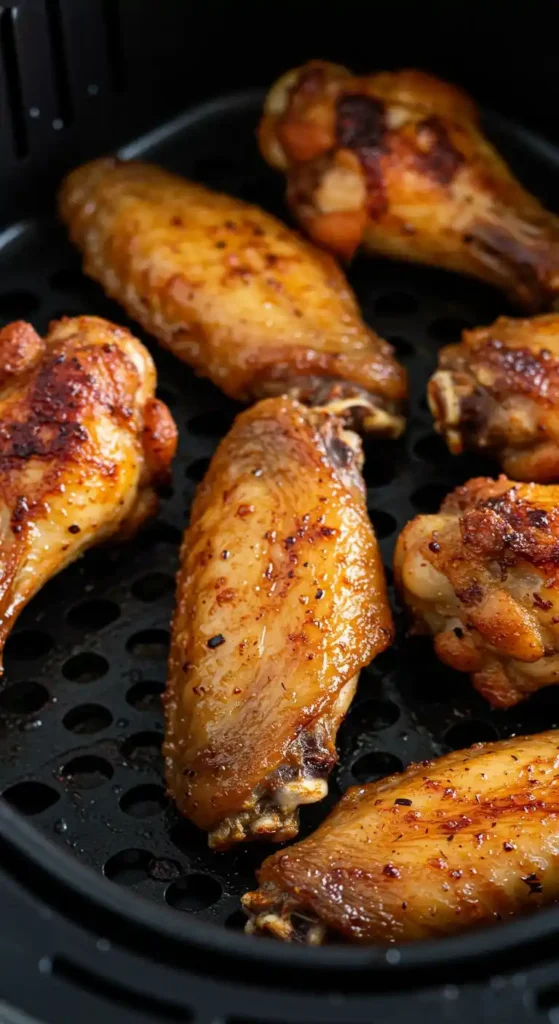 Une vue rapprochée d'ailes de poulet cuites dans une friteuse à air, montrant une peau croustillante et dorée.