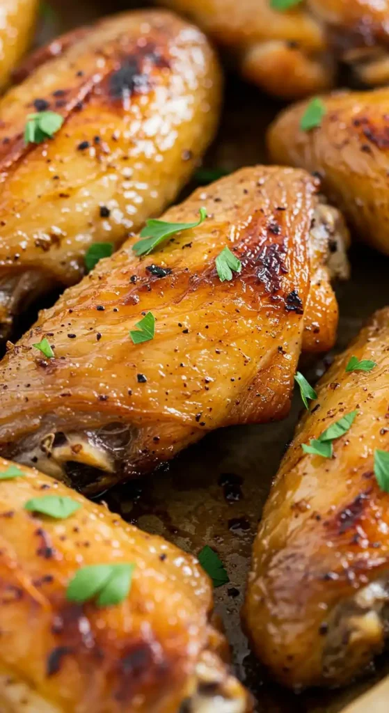 Un gros plan sur des ailes de poulet cuites, montrant une peau caramélisée et brillante, parsemée de persil frais et de poivre noir.