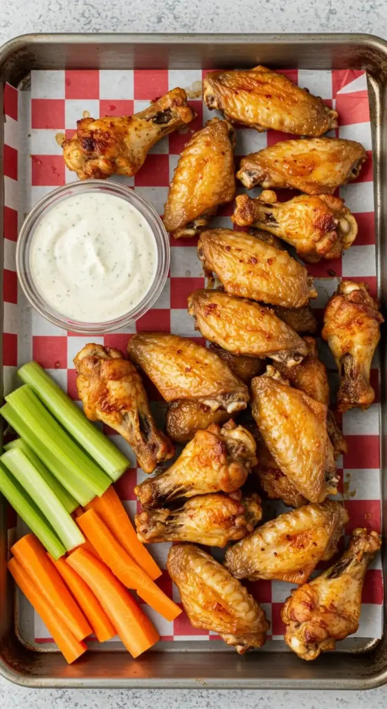 Un repas complet avec des ailes de poulet brillantes et savoureuses, une sauce crémeuse, du céleri et des carottes fraîches, disposés sur une plaque à motifs.