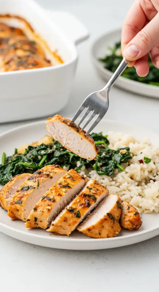 Une assiette de blanc de poulet cuit tranché, avec des épinards sautés et du riz. Une fourchette soulève une tranche de poulet