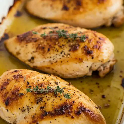 Blancs de poulet au four, dorés et assaisonnés, dans un plat de cuisson blanc.