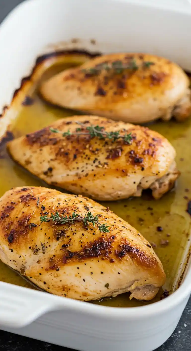 Blancs de poulet au four, dorés et assaisonnés, dans un plat de cuisson blanc.