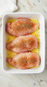 Blanc de poulet moelleux au four, assaisonné et préparé pour la cuisson.