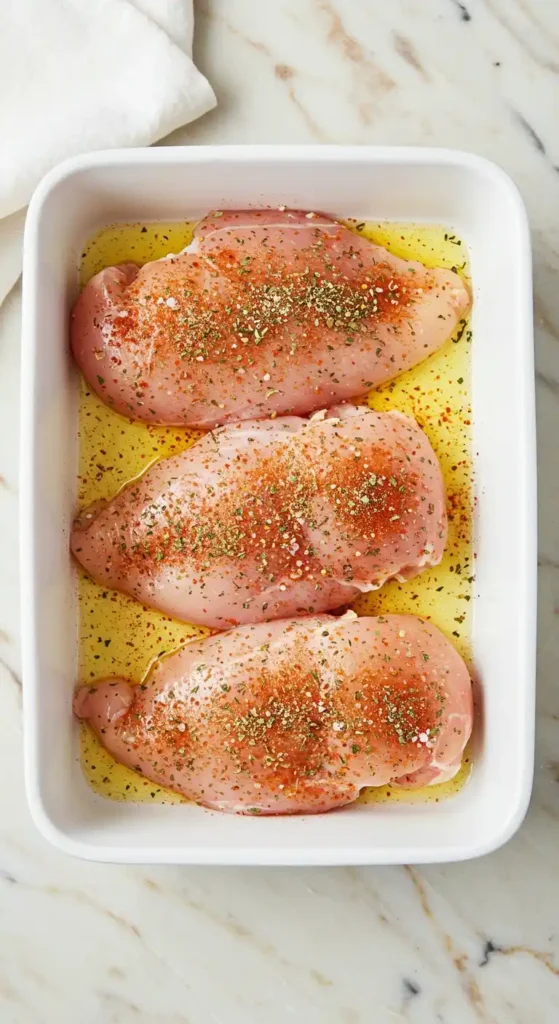 Blanc de poulet moelleux au four, assaisonné et préparé pour la cuisson.