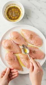 Blancs de poulet crus assaisonnés, disposés dans un plat de cuisson avec de l'huile, avant d'être enfournés.