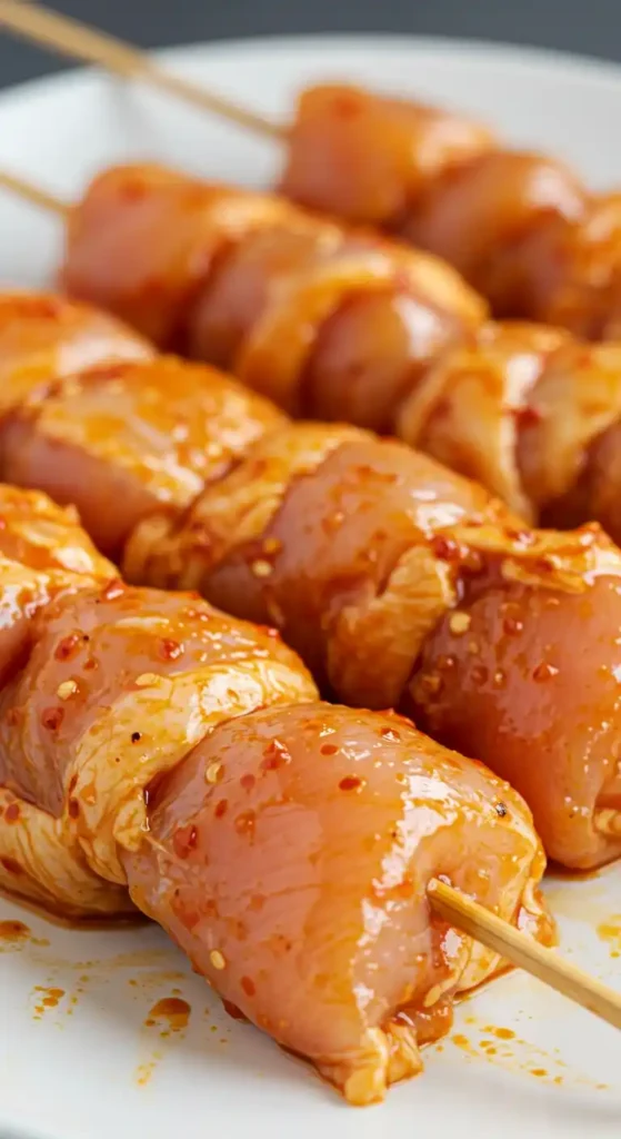 brochettes de poulet marinées enfilées sur piques en bois prêtes pour la cuisson à l'air fryer