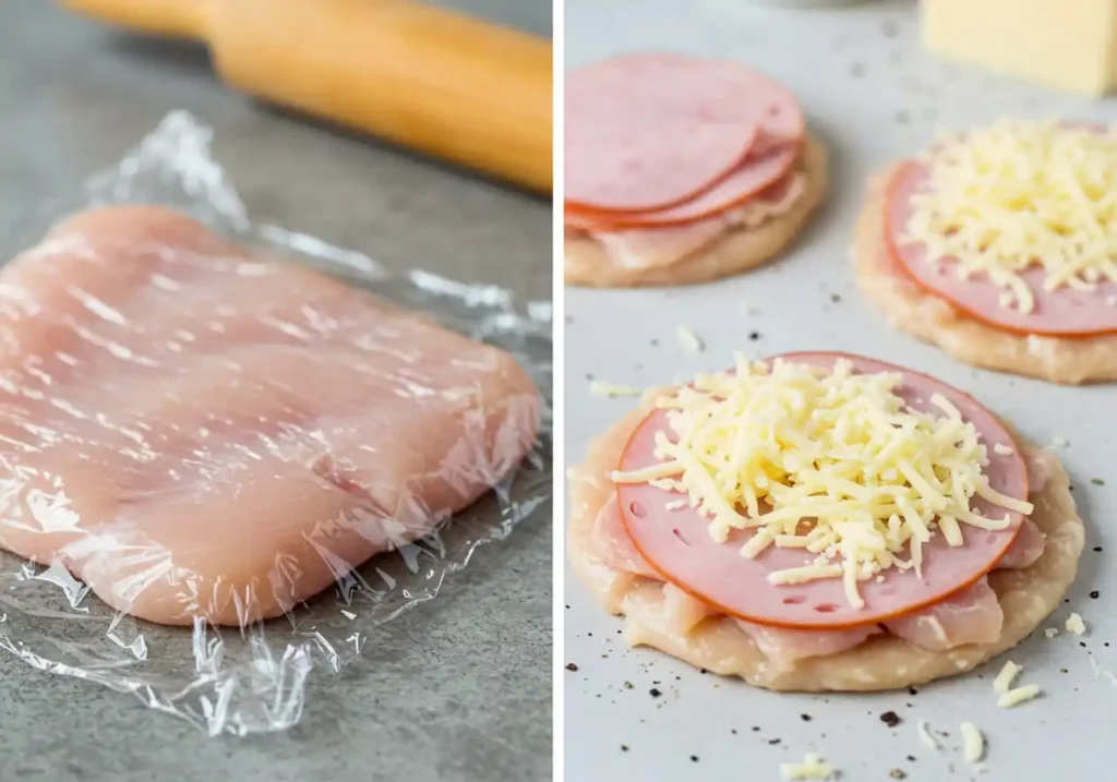 Image en deux parties montrant la préparation d'un poulet cordon bleu. À gauche, un filet de poulet aplati sous une pellicule plastique, prêt à être farci. À droite, trois galettes de poulet garnies de jambon et de fromage râpé.