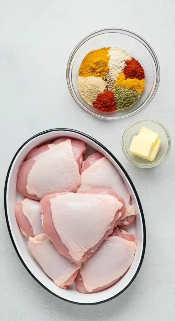 ingrédients pour cuisses de dinde au air fryer : cuisses crues, mélange d'épices et beurre