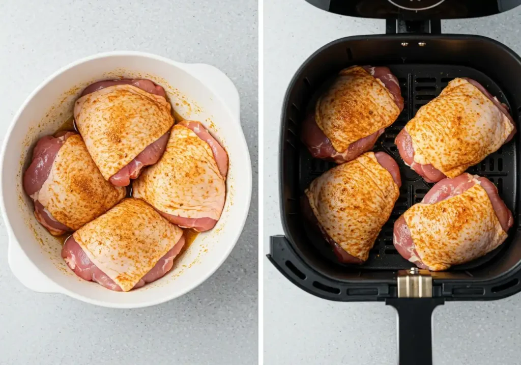 cuisses de dinde assaisonnées dans le panier d'un air fryer prêtes à cuire