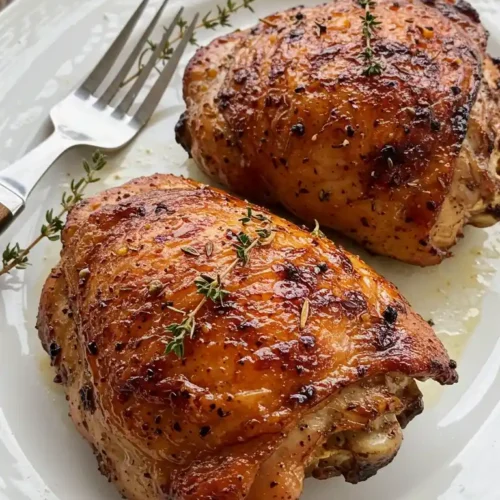 Deux cuisses de dinde dorées et croustillantes, cuisinées au air fryer, présentées sur une assiette blanche avec des brins de thym frais pour la décoration.