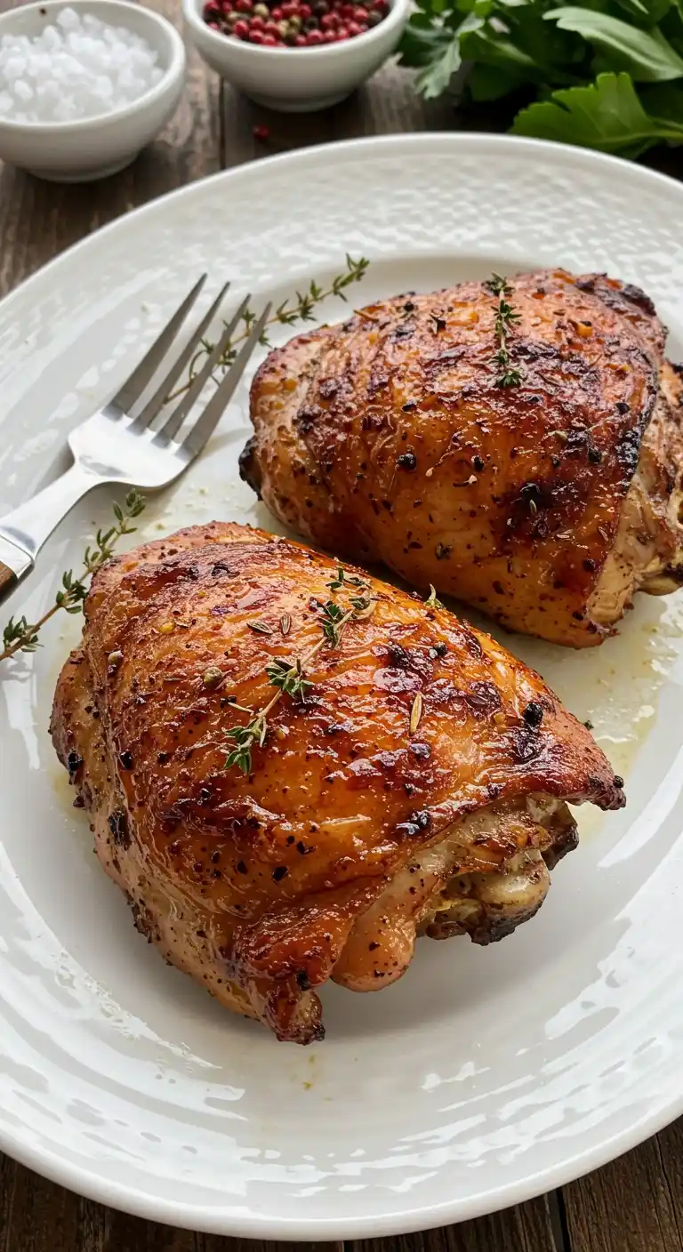 Deux cuisses de dinde dorées et croustillantes, cuisinées au air fryer, présentées sur une assiette blanche avec des brins de thym frais pour la décoration.