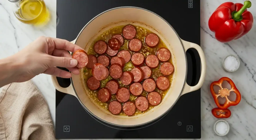 "Image de dessus montrant des mains ajoutant des tranches de saucisse dans une cocotte avec de l'huile et de l'ail déjà présents sur une plaque de cuisson."