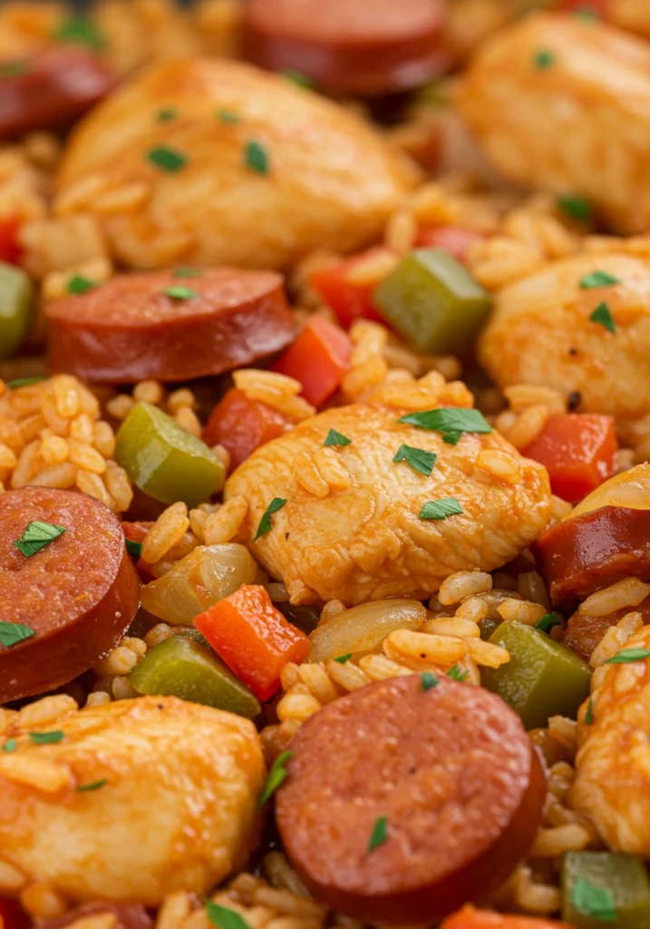"Image rapprochée d'un jambalaya au poulet, montrant les morceaux de poulet cuits, les rondelles de saucisse, le riz cuisiné et les dés de poivrons rouges et verts, le tout parsemé de persil frais."