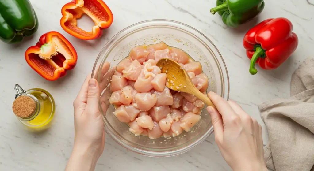 "Image de dessus montrant des mains en train de mélanger du poulet cru coupé en dés avec une marinade dans un bol en verre, avec des poivrons rouges et verts autour."