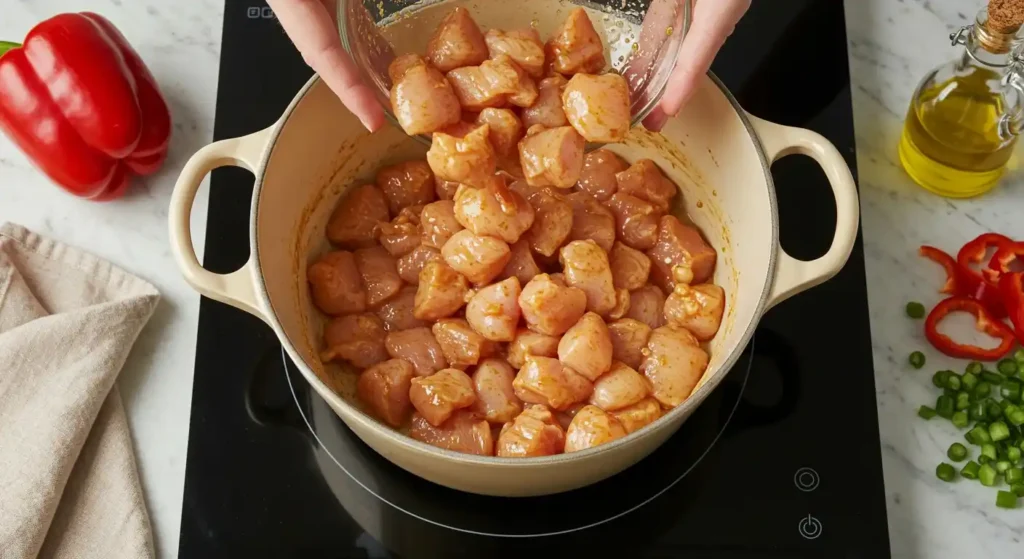 "Image montrant des mains versant du poulet mariné d'un bol en verre dans une cocotte de couleur claire, avec une cuisinière en arrière-plan."