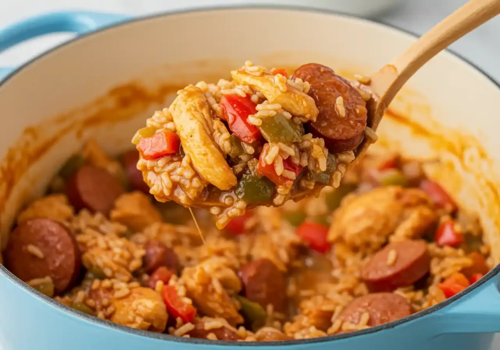 "Image de près montrant une cuillère en bois pleine de jambalaya au poulet, avec du riz, du poulet, de la saucisse et des poivrons. Le tout est servi dans une cocotte bleue."