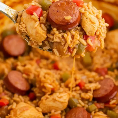 "Une louche pleine de jambalaya au poulet, avec du riz coloré, des morceaux de poulet dorés, des saucisses épaisses et des poivrons rouges et verts, sortant d'une marmite bleue."