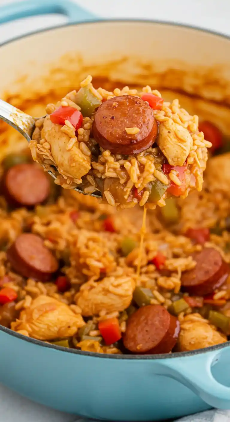 "Une louche pleine de jambalaya au poulet, avec du riz coloré, des morceaux de poulet dorés, des saucisses épaisses et des poivrons rouges et verts, sortant d'une marmite bleue."