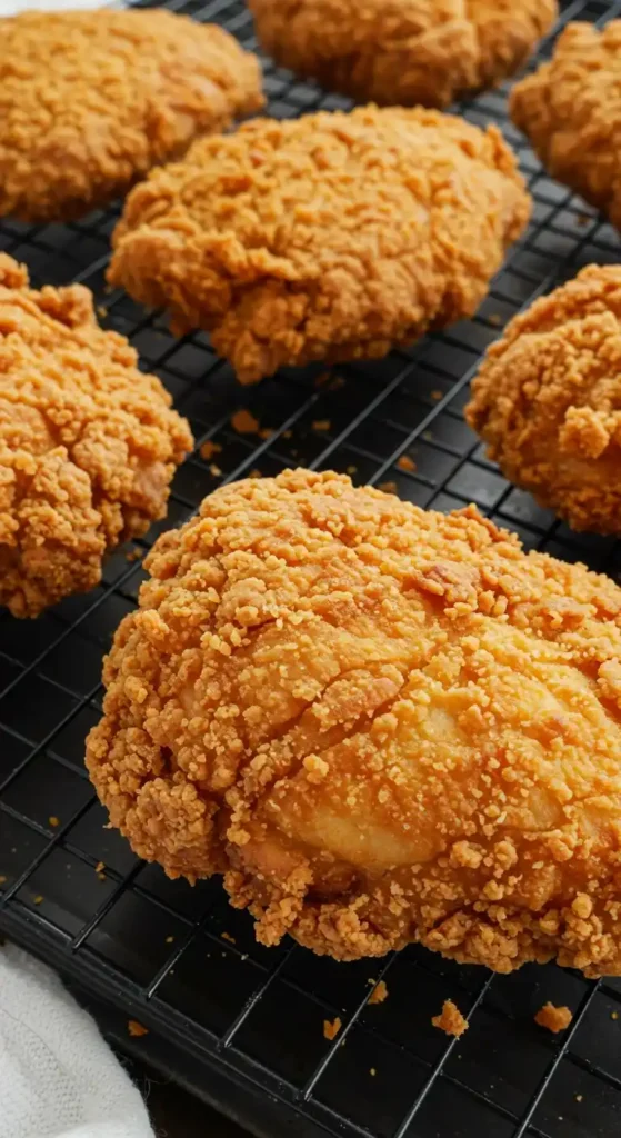 Des morceaux de poulet panés et frits, dorés et croustillants, reposent sur une grille de refroidissement. La panure est épaisse et a l'air délicieuse.