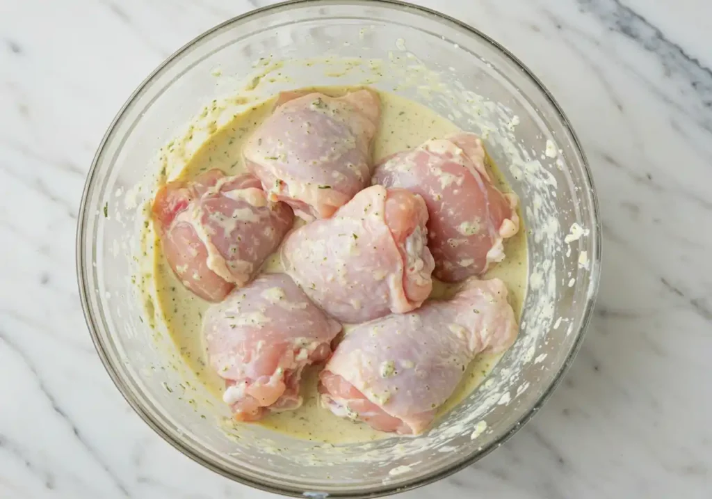 L'image montre des cuisses de poulet marinant dans un bol. La marinade est de couleur vert pâle et crémeuse.