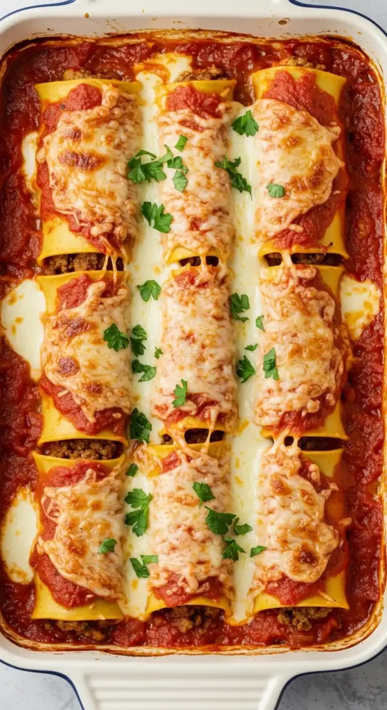 Cannellonis (ou lasagnes) au poulet, avec une sauce tomate et du fromage fondu, présentés dans un plat.