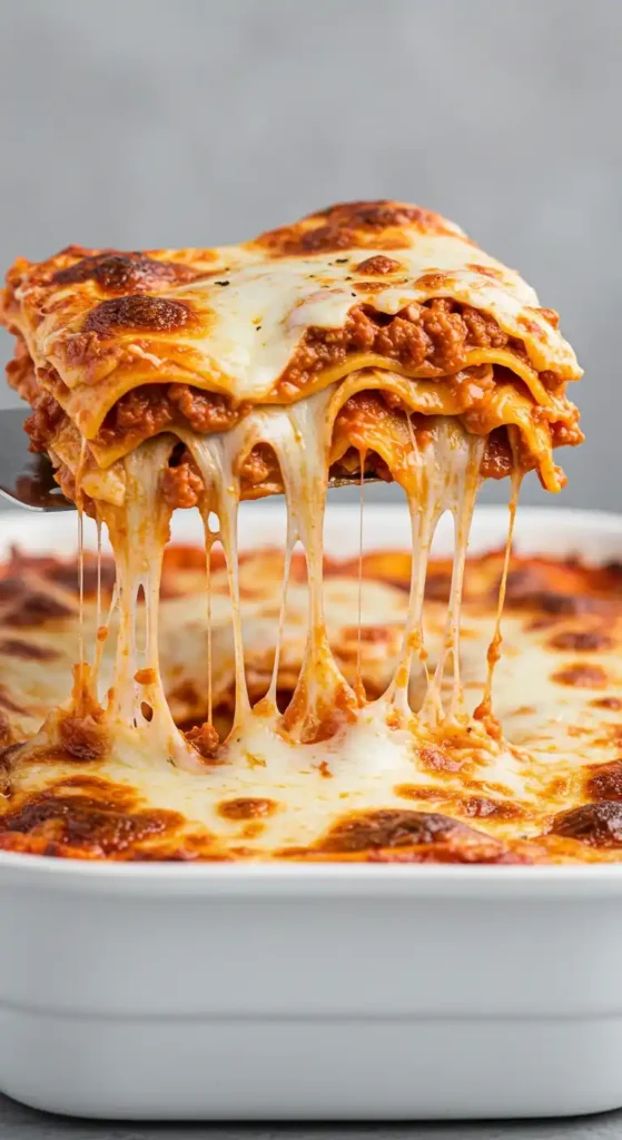 Une part de lasagnes au poulet, avec une sauce tomate et beaucoup de fromage dégoulinant, pour une recette alléchante.