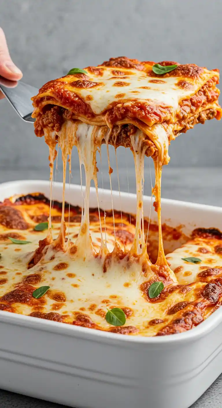 Lasagnes au poulet avec du fromage fondant étirant, servies dans un plat blanc.