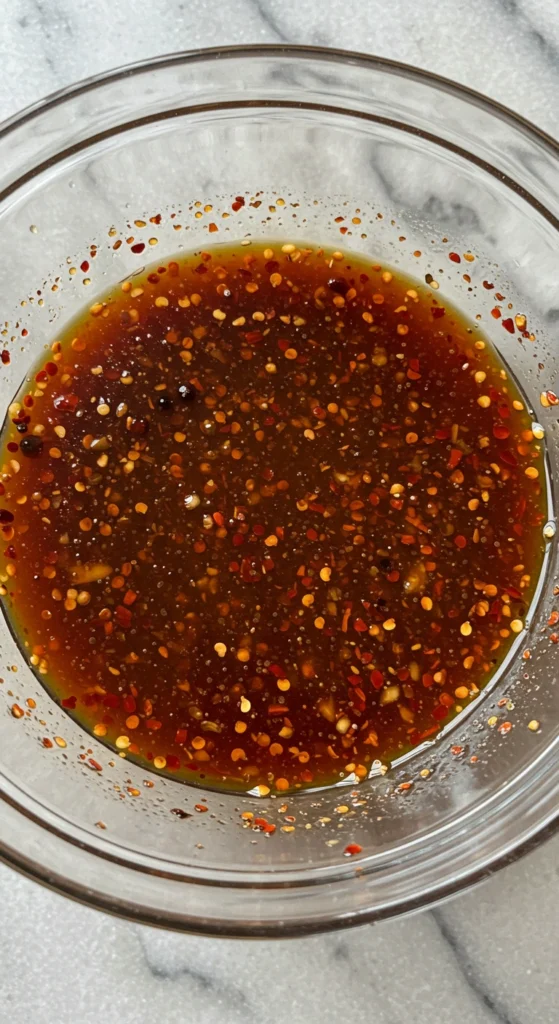 bol avec marinade pour cuisses de poulet avec sauce foncée et flocons de piment rouge