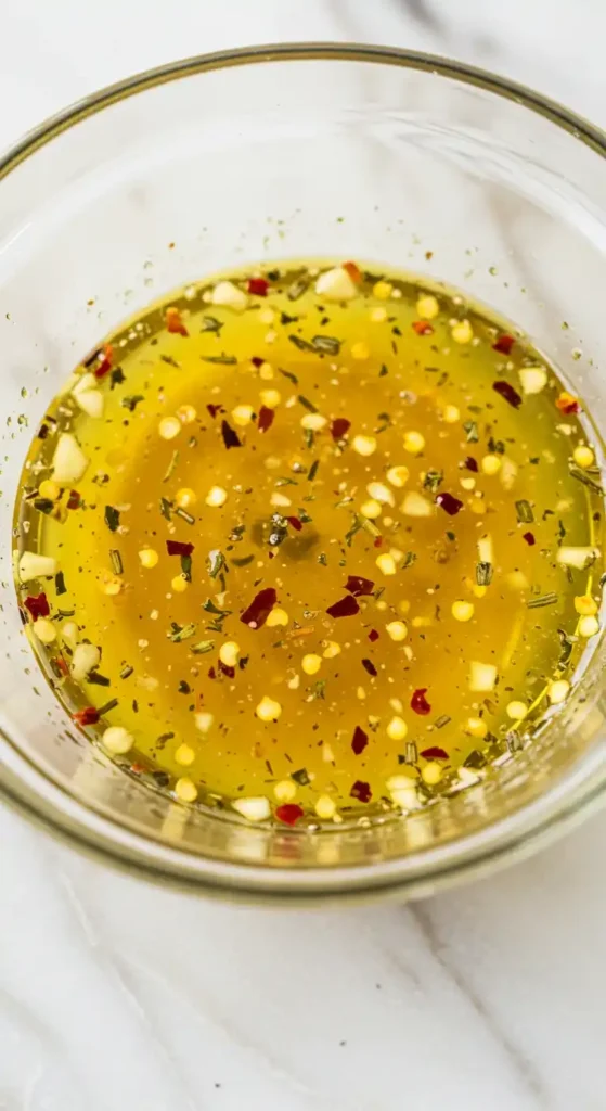 bol de marinade grecque pour poulet avec huile d'olive, ail haché, herbes séchées et flocons de piment