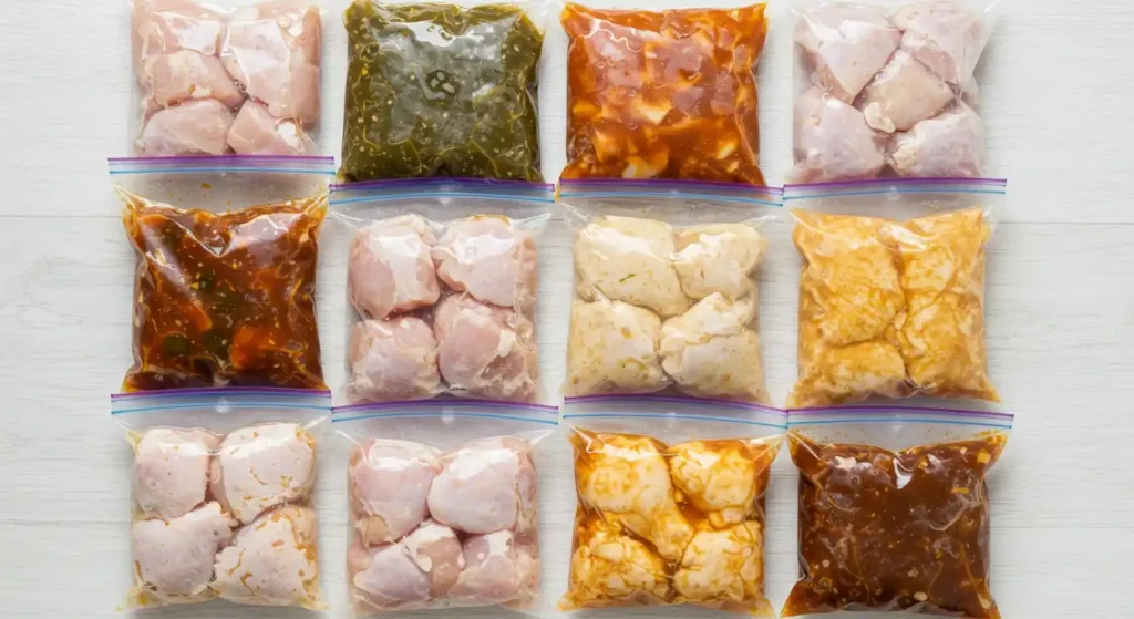 douze sacs à fermeture éclair contenant des cuisses de poulet marinées dans diverses sauces colorées