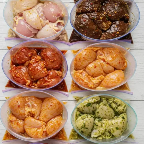 Plan rapproché de huit bols contenant du poulet mariné dans différentes couleurs et textures, posés sur des sacs de congélation. Les marinades varient du rouge vif au vert herbacé.