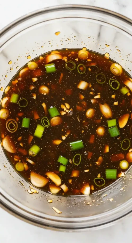 bol contenant une marinade poulet sauce soja avec de l'ail et des oignons verts émincés