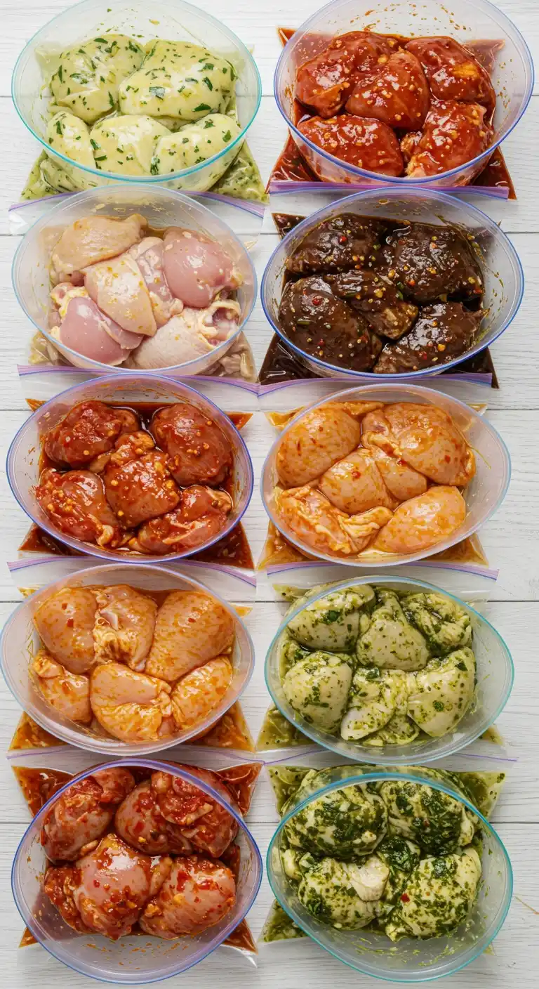 Plan rapproché de huit bols contenant du poulet mariné dans différentes couleurs et textures, posés sur des sacs de congélation. Les marinades varient du rouge vif au vert herbacé.