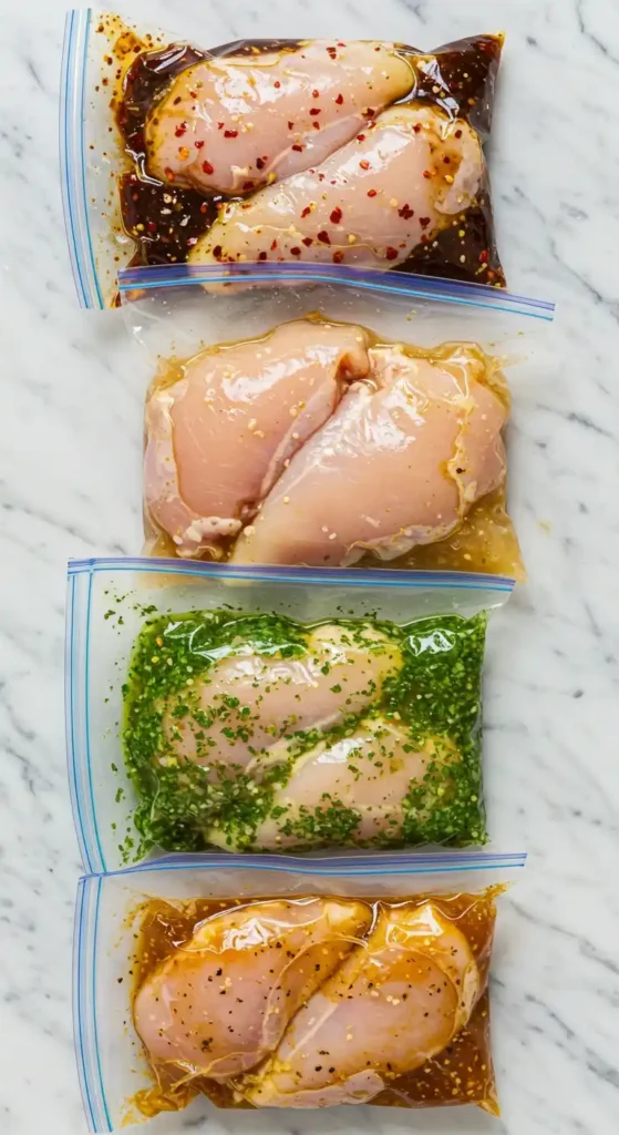 quatre sacs de marinade pour poulet avec des poitrines de poulet crues en train de mariner