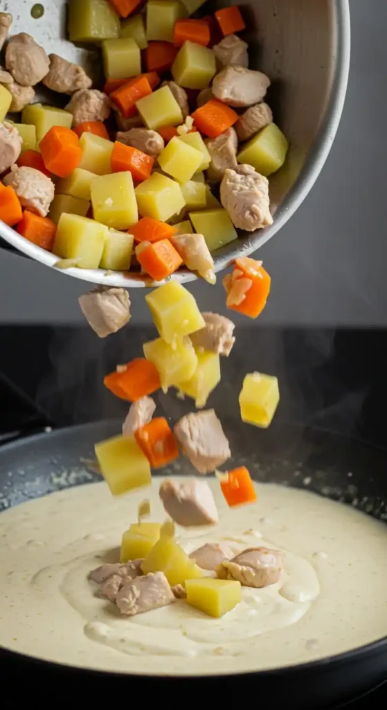 Ajout des ingrédients du pâté au poulet à la sauce : poulet, carottes et pommes de terre.