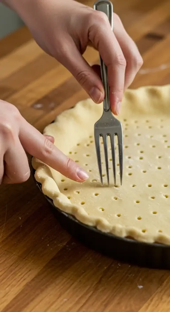 Préparation d'une pâte à tarte : une main pique le fond de la pâte avec une fourchette pour empêcher qu'elle ne gonfle lors de la cuisson. La pâte est placée dans un moule à tarte, prête pour la préparation d'une pâté au poulet.