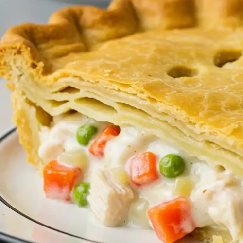 Une tranche de pâté au poulet, avec une garniture crémeuse au poulet, carottes et petits pois, posée sur une assiette.