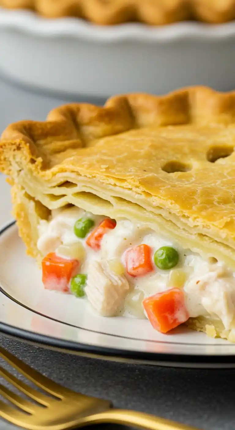 Une tranche de pâté au poulet, avec une garniture crémeuse au poulet, carottes et petits pois, posée sur une assiette.