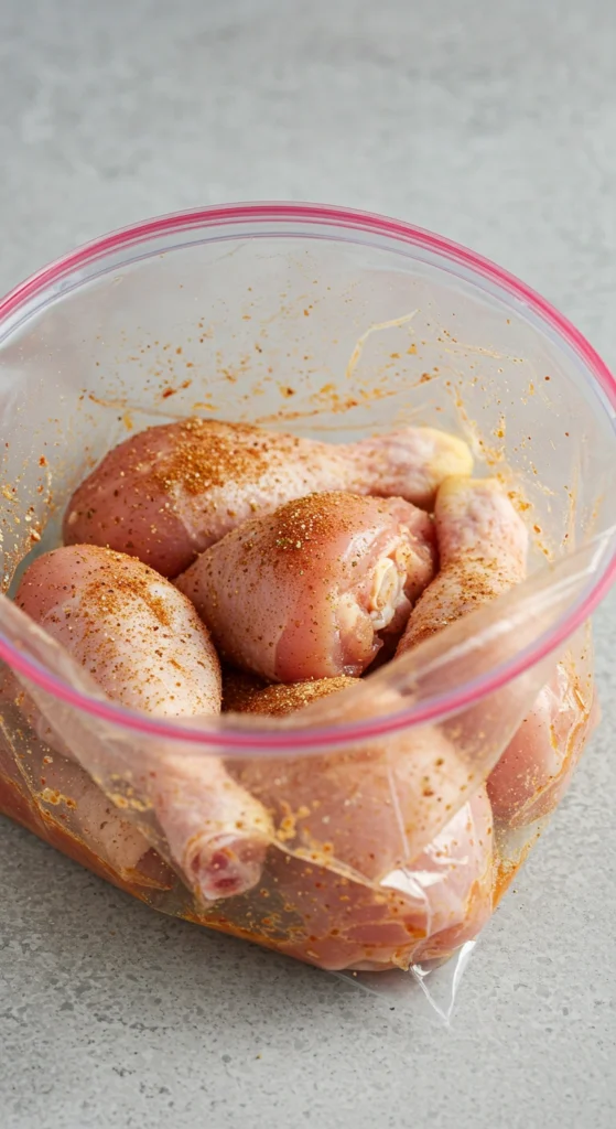 Pilons de poulet épicés, dans un sac, pour air fryer.