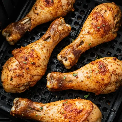 Une vue de dessus d'une friteuse à air noire. À l'intérieur, cinq pilons de poulet cuits sont disposés sur une grille noire. Les pilons sont dorés, avec une peau croustillante et légèrement épicée. On aperçoit des herbes séchées parsemées sur la peau. La viande est juteuse et semble bien cuite. Les os des pilons sont visibles à une extrémité. La grille de la friteuse à air est également visible, avec des ouvertures pour permettre à l'air chaud de circuler. La disposition est simple, mettant en valeur la nourriture au centre du cadre. Le fond est la bordure de l'air fryer. La photographie est nette et bien éclairée, avec une mise au point sur les pilons.