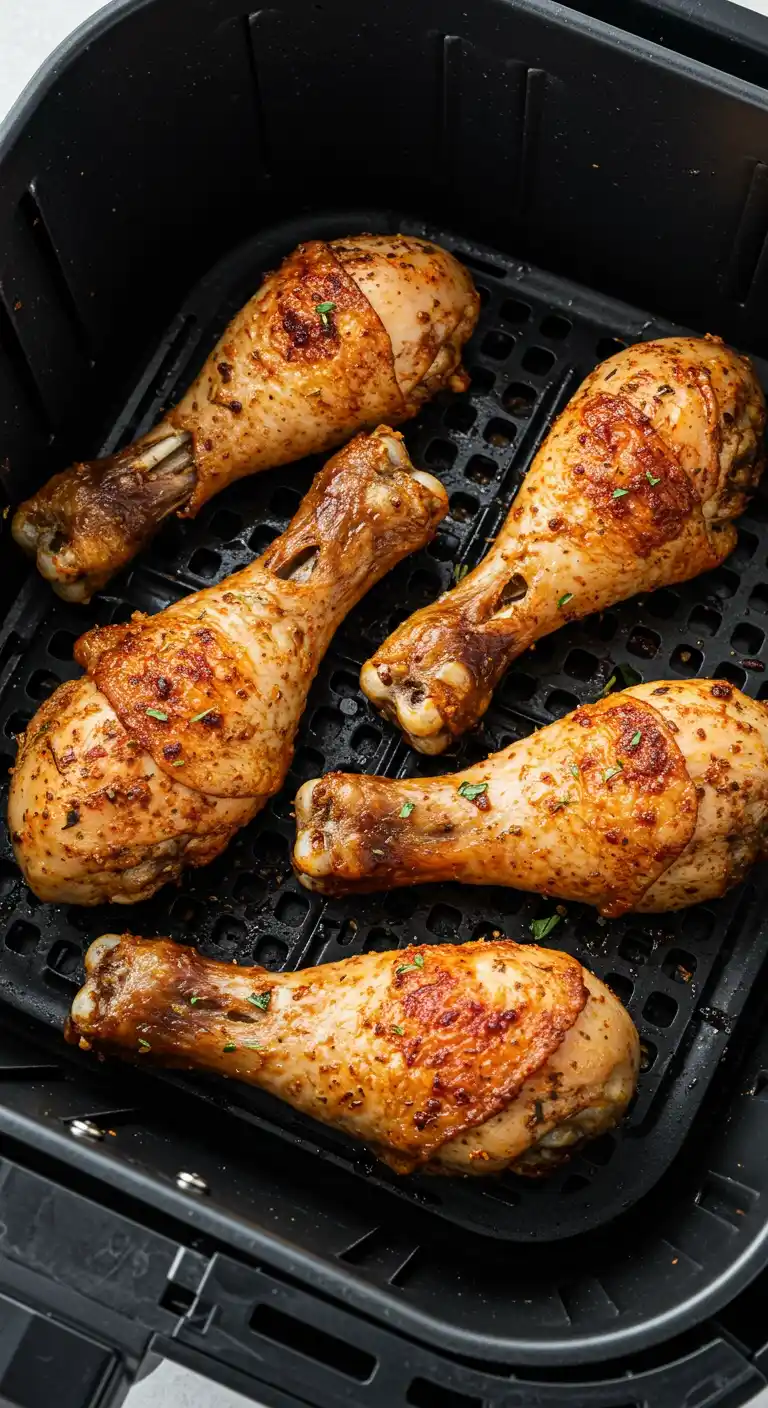 Une vue de dessus d'une friteuse à air noire. À l'intérieur, cinq pilons de poulet cuits sont disposés sur une grille noire. Les pilons sont dorés, avec une peau croustillante et légèrement épicée. On aperçoit des herbes séchées parsemées sur la peau. La viande est juteuse et semble bien cuite. Les os des pilons sont visibles à une extrémité. La grille de la friteuse à air est également visible, avec des ouvertures pour permettre à l'air chaud de circuler. La disposition est simple, mettant en valeur la nourriture au centre du cadre. Le fond est la bordure de l'air fryer. La photographie est nette et bien éclairée, avec une mise au point sur les pilons.