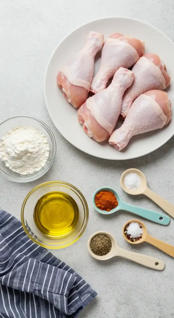 Image en plan rapproché des ingrédients nécessaires à la préparation de pilons de poulet croustillants à la friteuse à air. On voit une assiette blanche contenant six pilons de poulet crus, un bol de farine, un bol d'huile, et plusieurs cuillères contenant du paprika, du sel, du poivre noir et un mélange de sel et de poivre. Un torchon rayé bleu et blanc est visible en bas à gauche de l'image, le tout sur un fond gris texturé. Cette image illustre parfaitement les étapes préliminaires pour cuisiner des pilons de poulet savoureux et croustillants à la maison avec une friteuse à air