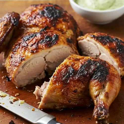 "Gros plan d'un poulet à la portugaise rôti, coupé, sur une planche en bois. On aperçoit également une sauce crémeuse