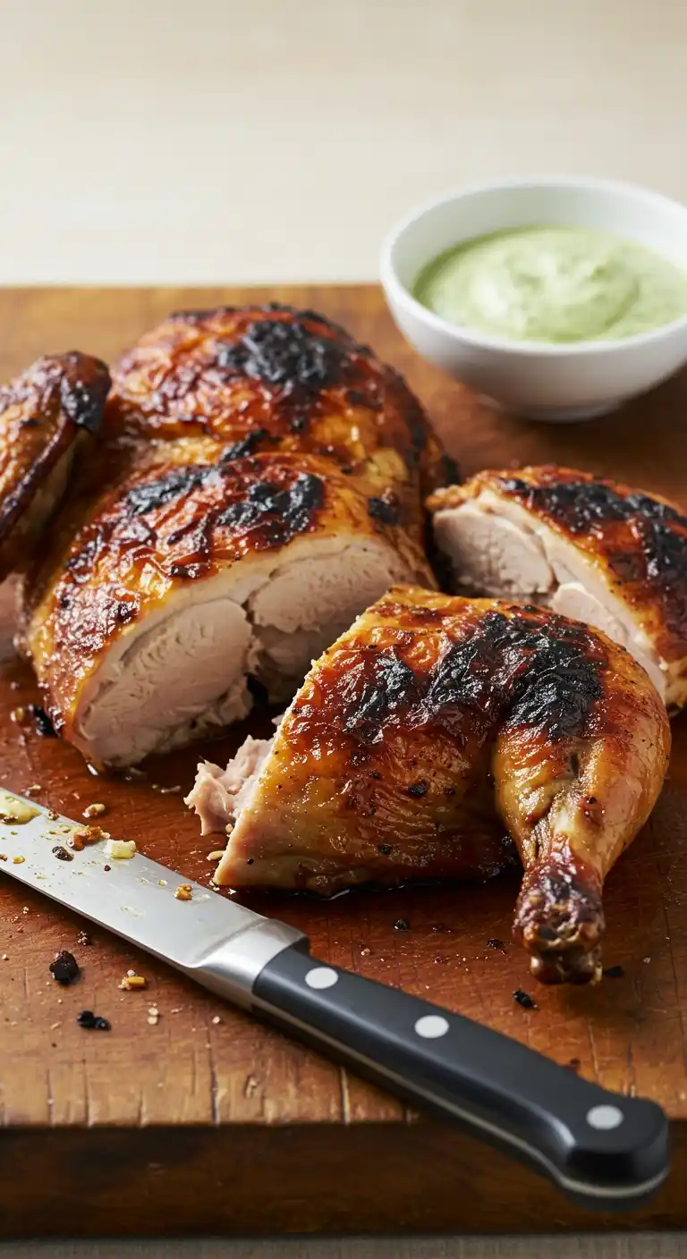 "Gros plan d'un poulet à la portugaise rôti, coupé, sur une planche en bois. On aperçoit également une sauce crémeuse