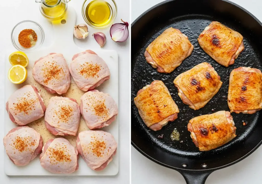 Visualisation des étapes initiales d'une recette de poulet aux olives. On voit à gauche les cuisses de poulet crues, préparées avec des épices, et à droite, la cuisson des cuisses dans une poêle en fonte.