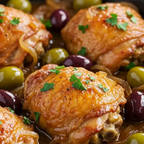 Poulet aux olives dans une poêle, avec une sauce caramélisée, des oignons et garni de persil frais