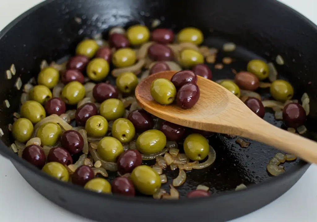 Étape de préparation d'une recette de poulet aux olives : oignons et olives sont cuits ensemble dans une poêle