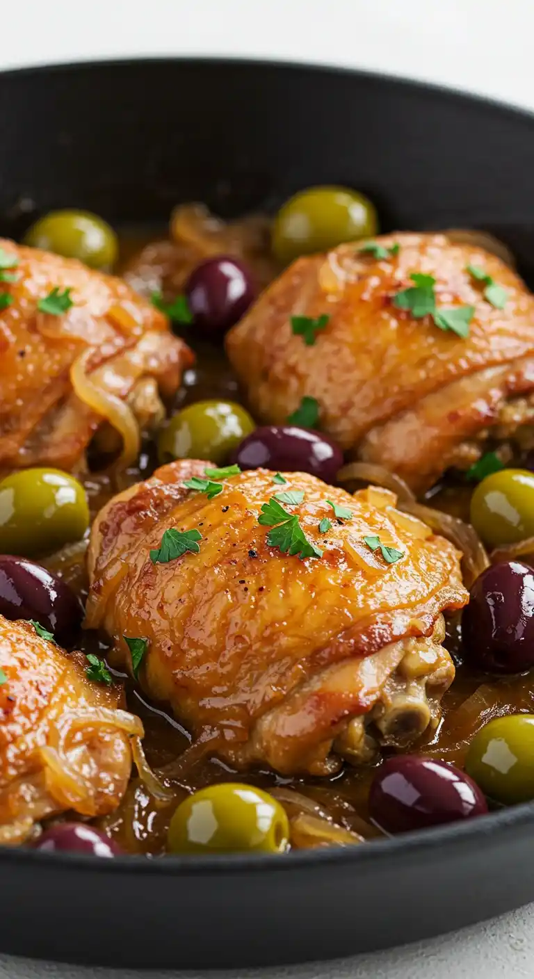 Poulet aux olives dans une poêle, avec une sauce caramélisée, des oignons et garni de persil frais